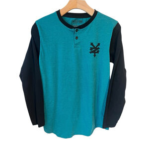Zoo York Henley Shirt Youth Size XL 18/20 Teal Black Raglan Sleeve Buttons Logo